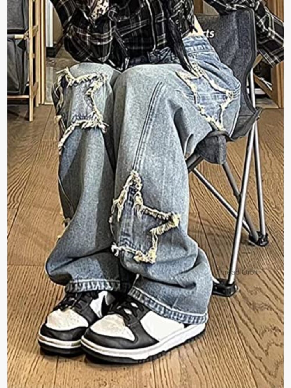 Kids Y2K Baggy Jeans Star Patchwork High Waist Denim Straight Leg - Picture 3 of 5